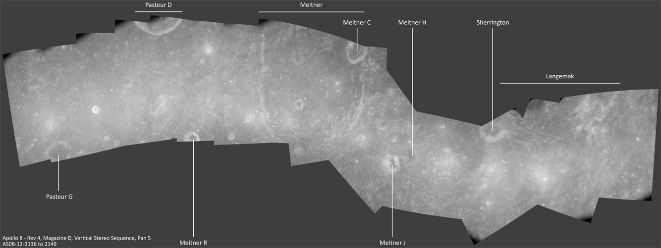 Composite of AS08-12-2136 to AS08-12-2149, from 122 degrees E to 105 degrees E. Includes crater Meitner.