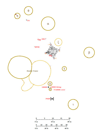 Location and sizes
of well-defined craters near the LM